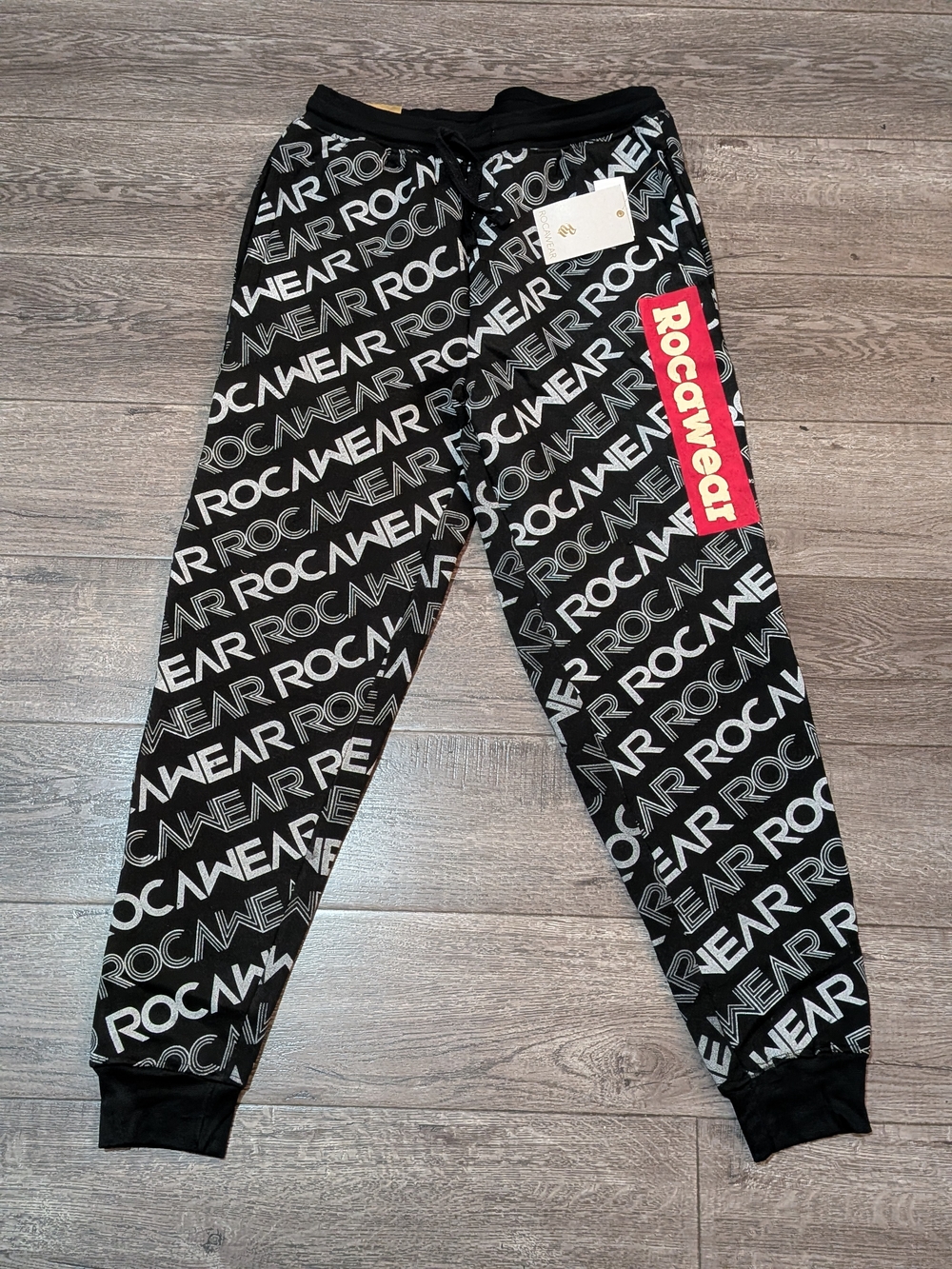 NWT Rocawear Mens XL Jogger Pants Blk White All Over Logo Print Fleece Sweatpant